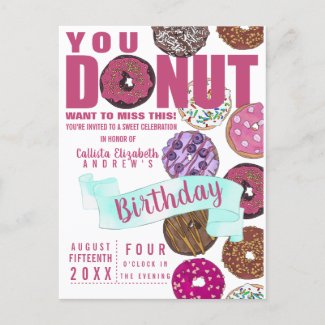 Yummy Cute Pink Teal Donuts Watercolor Birthday Invitation Postcard