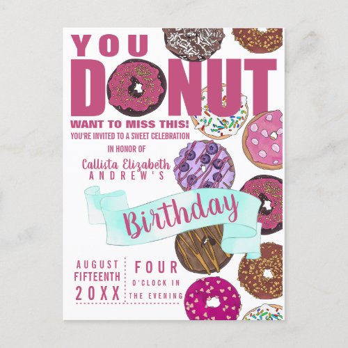 Yummy Cute Pink Teal Donuts Watercolor Birthday Invitation Postcard