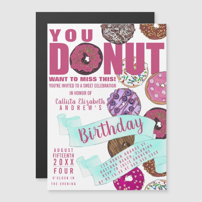 Yummy Cute Pink Teal Donuts Watercolor Birthday Magnetic Invitation (Front/Back)