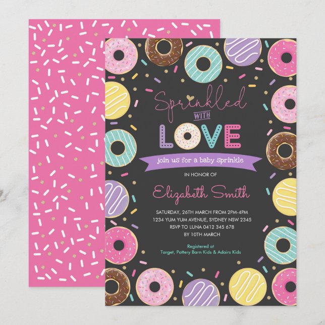 Yummy Donuts Girl Baby Sprinkle Chalkboard Invitation (Front/Back)