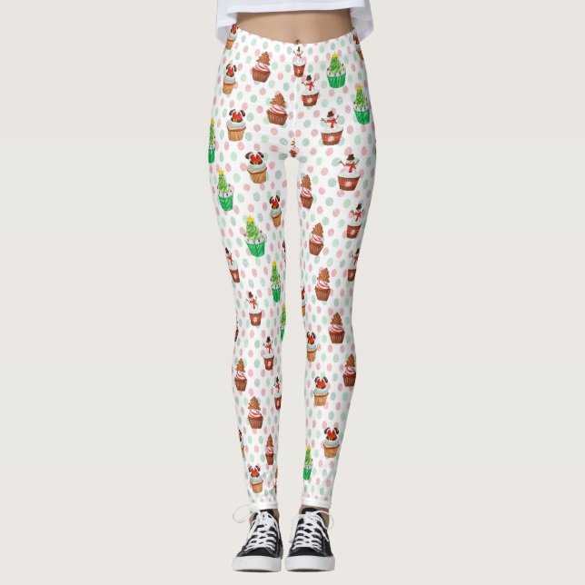 Yummy Festive Cupcakes on Red and Green Polka Dots Leggings (Front)