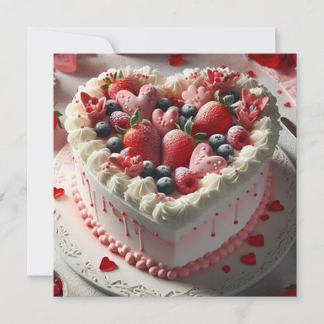 Yummy Fruit Topped Heart Shaped Cake Valentine Holiday Card (Front)