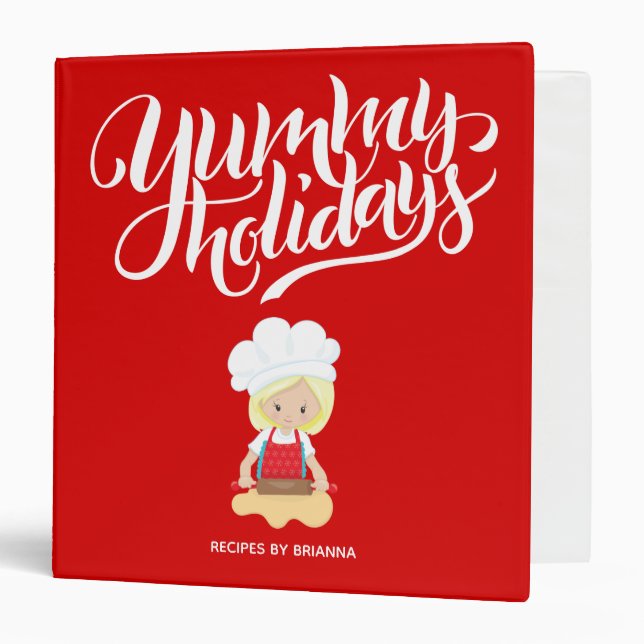 Yummy Holidays Blonde Girl Cooking Custom Text  3 Ring Binder (Front/Inside)