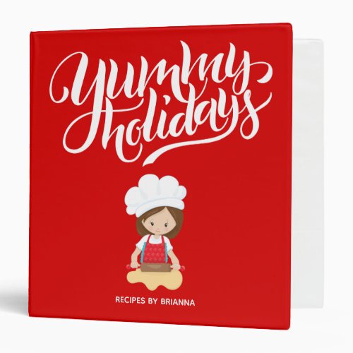 Yummy Holidays Brunette Girl Cooking Custom Text 3 Ring Binder
