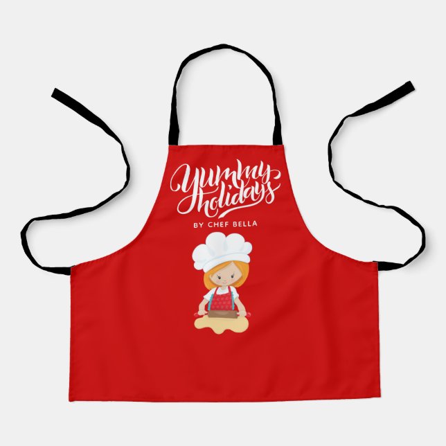 Yummy Holidays By Chef Custom Name Girl Baking Red Apron (Front)