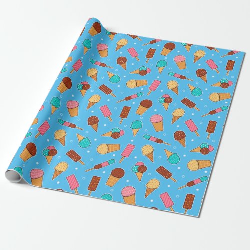 Yummy Ice Cream Pattern  Blue Wrapping Paper