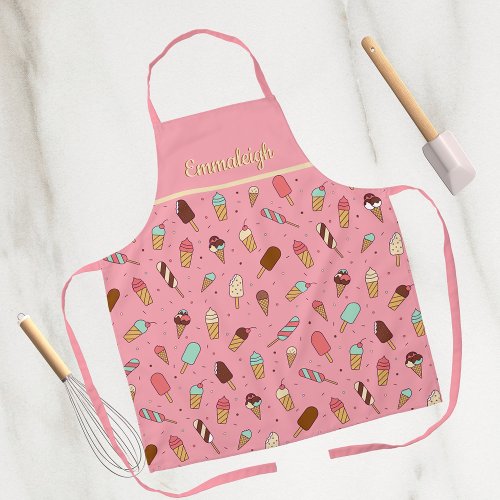 Yummy Ice Cream Pattern  Strawberry Pink Apron