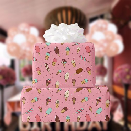 Yummy Ice Cream Pattern  Strawberry Pink Wrapping Paper