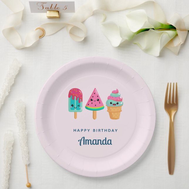 Yummy Ice Cream Trio Summer Vibe Birthday Paper Plates (Wedding)