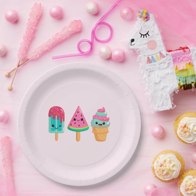 Yummy Ice Cream Trio Summer Vibe Birthday Paper Plates (Party)