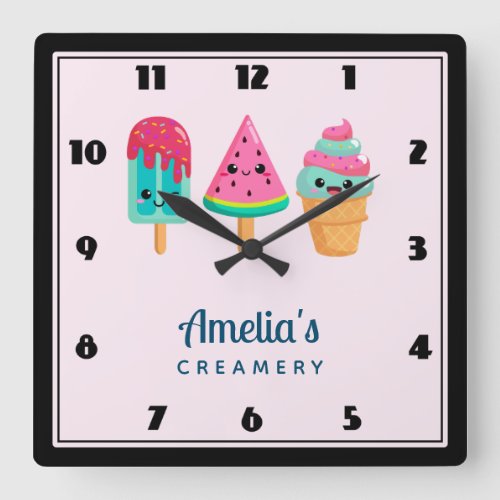 Yummy Ice Cream Trio Summer Vibe Business Kitchen Square Wall Clock