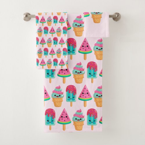 Yummy Ice Cream Trio Summer Vibe Pattern Bath Towel Set