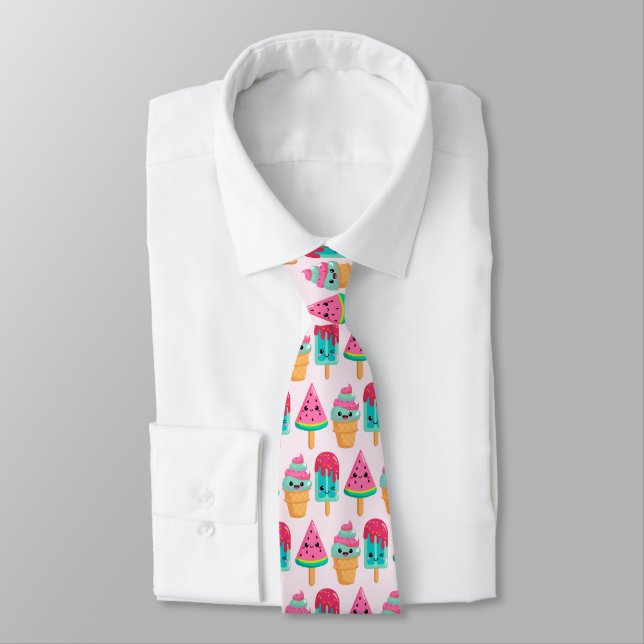 Yummy Ice Cream Trio Summer Vibe Pattern Neck Tie (Tied)