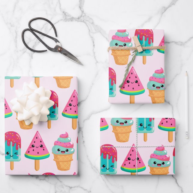 Yummy Ice Cream Trio Summer Vibe Wrapping Paper Sheets (Front)