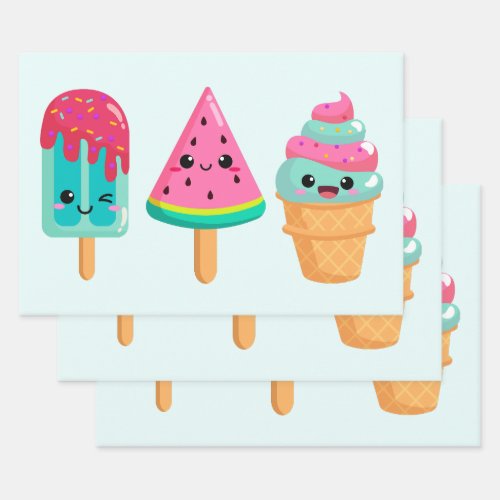 Yummy Ice Cream Trio Summer Vibe Wrapping Paper Sheets