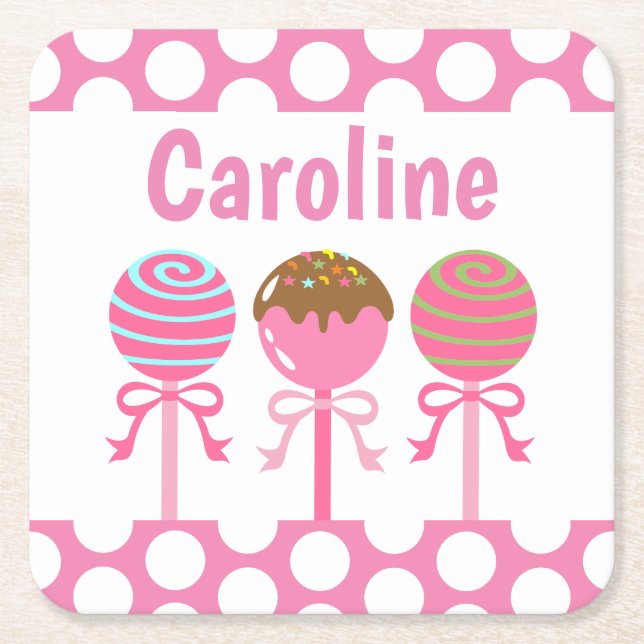 Yummy Pink Cake Pops Paper Coasters (Front)