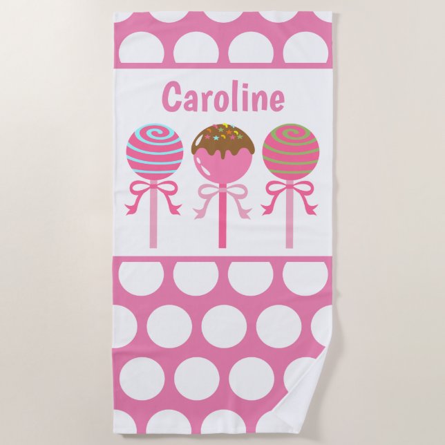Yummy Pink Cake Pops Personalized Beach Towel (Front)