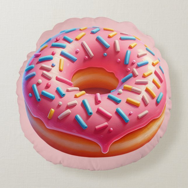 Yummy Pink Donut with Sprinkles Stickers Round Pillow (Front)