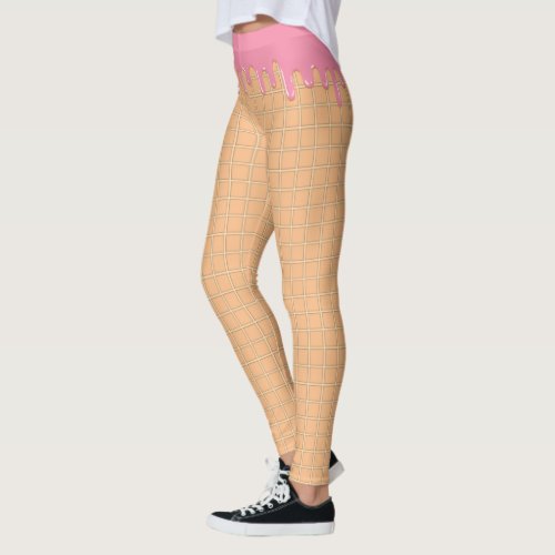 Yummy pink ice cream melting waffle cone Leggings