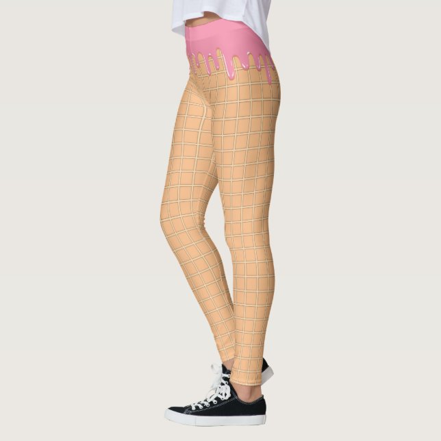 Yummy pink ice cream melting waffle cone Leggings (Left)