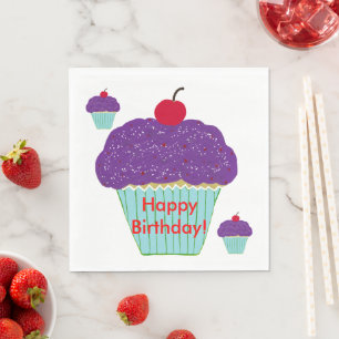 Yummy Purple Frosting Cherry Cupcakes Birthday Paper Napkins