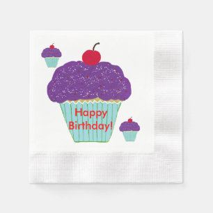 Yummy Purple Frosting Cherry Cupcakes Birthday Paper Napkins