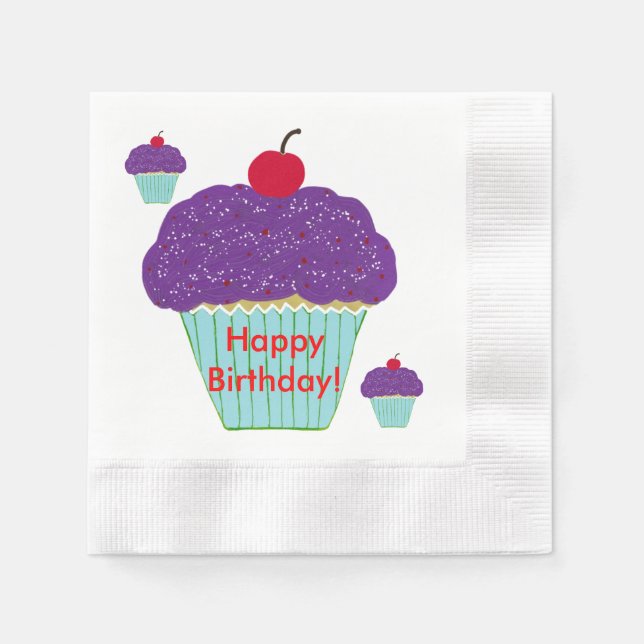 Yummy Purple Frosting Cherry Cupcakes Birthday Paper Napkins (Front)