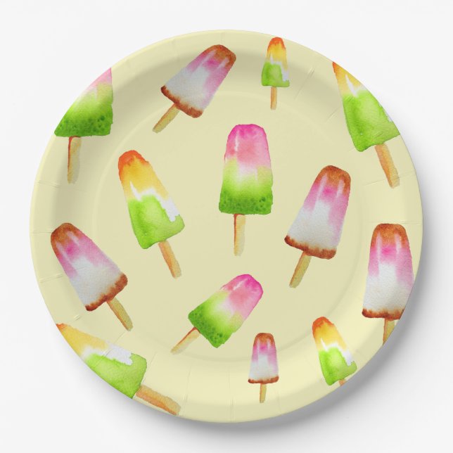 Yummy rainbow popsicle party paper plates (Front)