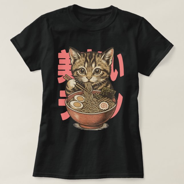 Yummy Ramen Kitten Black T-Shirt (Design Front)