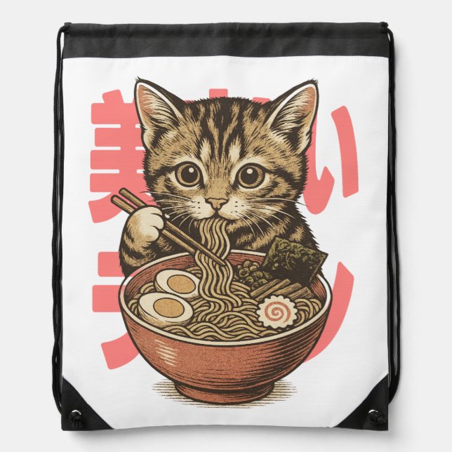 Yummy Ramen Kitten Drawstring Bag (Front)