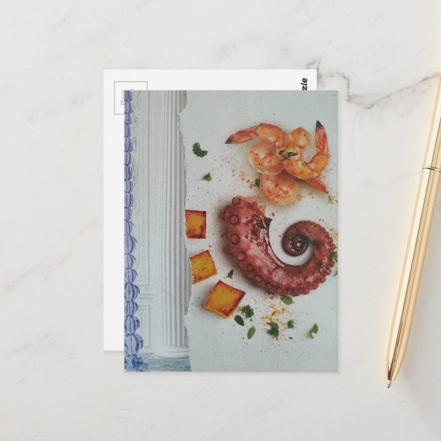 Yummy Seafood with white column surreal collage Postcard (Front/Back In Situ)