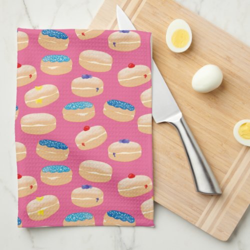 Yummy Sufganiyot Jelly Donuts Hanukkah Pattern Kitchen Towel