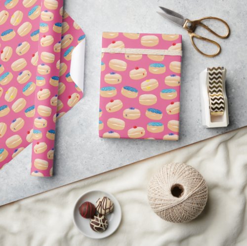 Yummy Sufganiyot Jelly Donuts Hanukkah Pattern Wrapping Paper