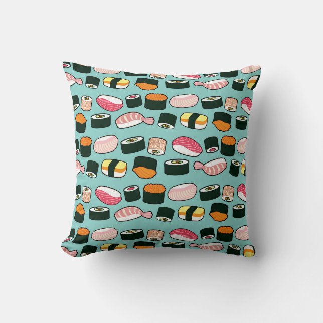 Yummy Sushi Fun Illustrated Pattern Throw Pillow (Front)