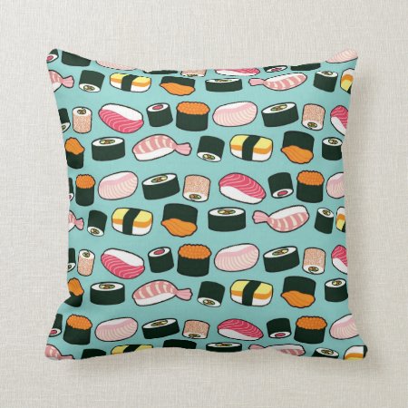 Yummy Sushi Fun Illustrated Pattern Throw Pillow