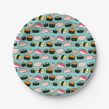 Yummy Sushi Party Fun Illustrated Pattern Paper Plates by funkypatterns at Zazzle