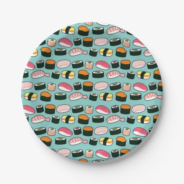 Yummy Sushi Party Fun Illustrated Pattern Paper Plates (Front)