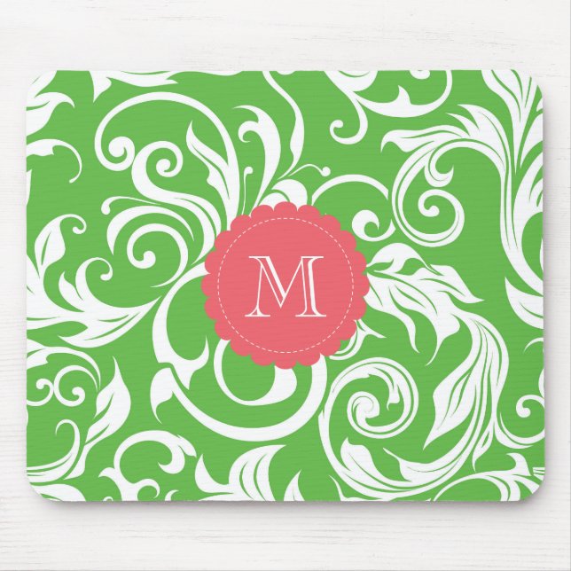 Yummy Watermelon Green Monogram Floral Wallpaper Mouse Pad (Front)