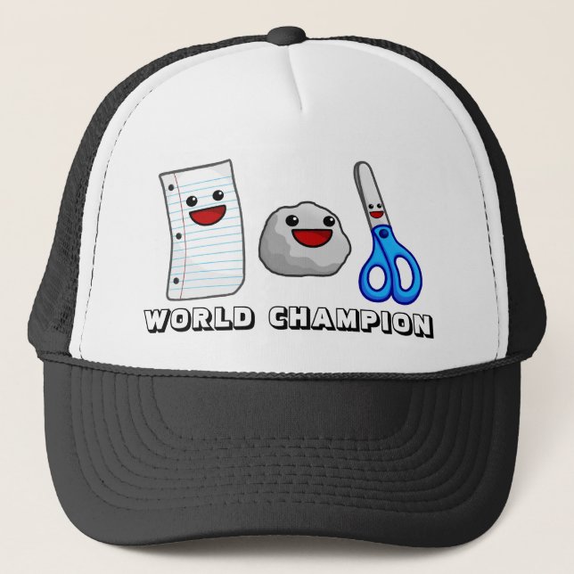 Yummy's Paper Rock Scissors World Champion Hat!!! Trucker Hat (Front)