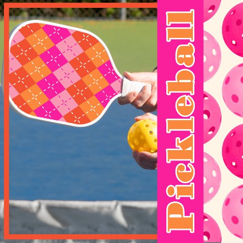 Yuppie Preppy Sporty Pink and Orange Argyle Pickleball Paddle