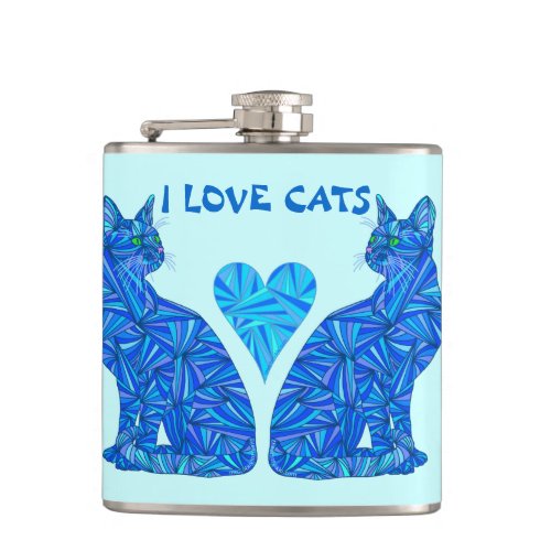 Z Blue Abstract Sitting Cat I Love Cats Cat Lover Hip Flask