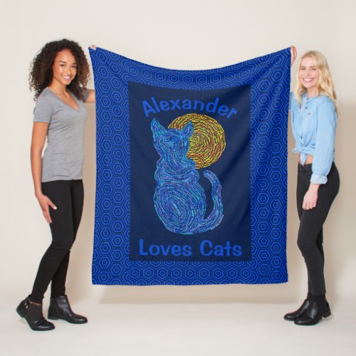 Z Blue Cat And The Moon Cat Lover Personalized Fleece Blanket