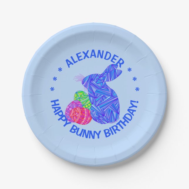 Z Blue Easter Bunny Easter Themed Birthday Party Paper Plates (Front)