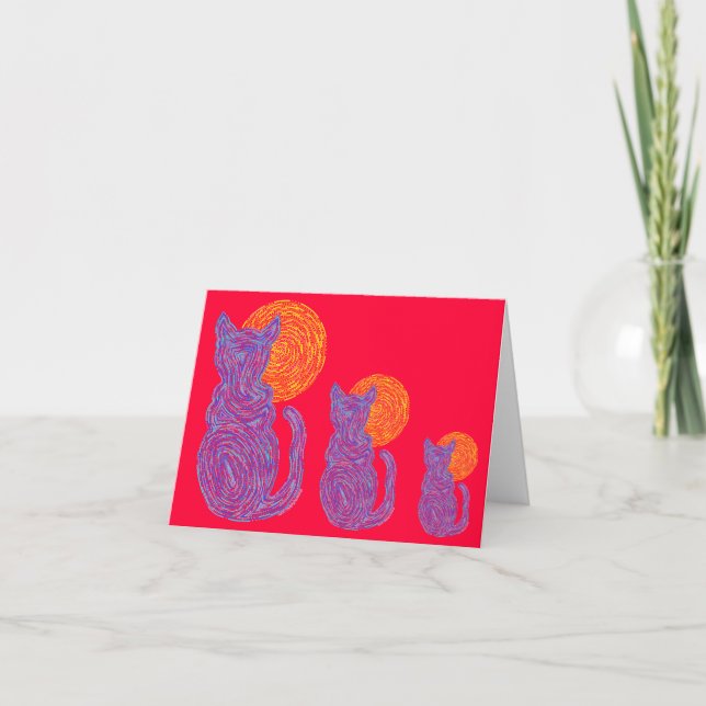 Z Cat And The Moon Blue Art Blank Note Card (Front)