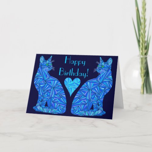 Z Electric Blue Abstract Cat Art Happy Birthday Card