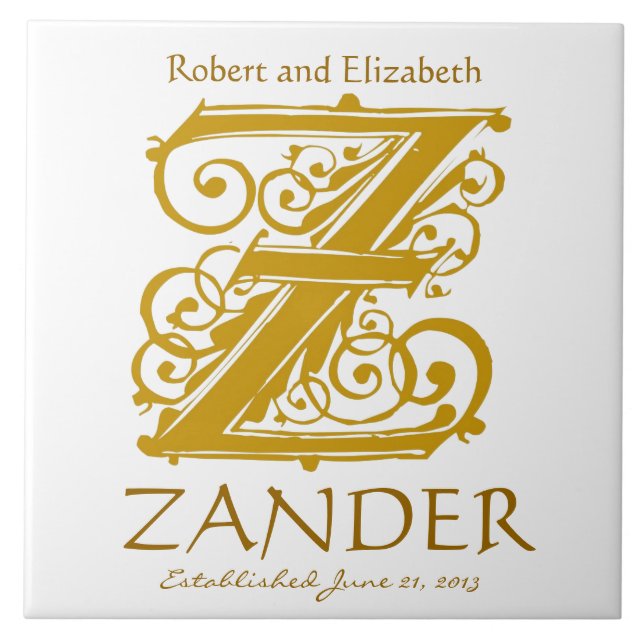 Z Gold Monogram on White - Names Wedding Date Tile (Front)