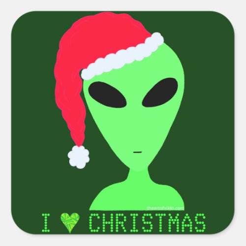 Z I Heart Christmas Alien In A Santa Hat Fun Decal Square Sticker