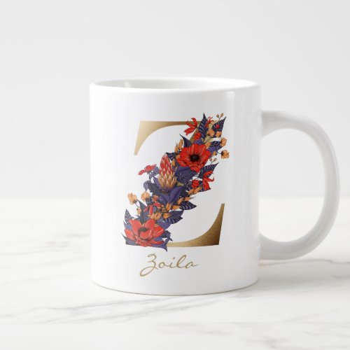 Z Letter Gold Monogram Red Purple Yellow Floral Giant Coffee Mug