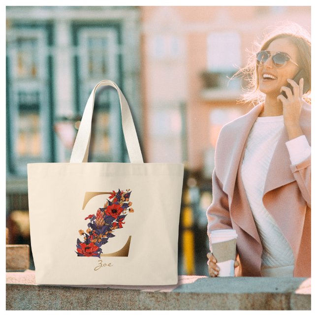 Z Letter Gold Monogram Red Purple Yellow Floral Large Tote Bag (Creator Uploaded)