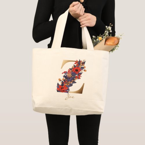 Z Letter Gold Monogram Red Purple Yellow Floral Large Tote Bag